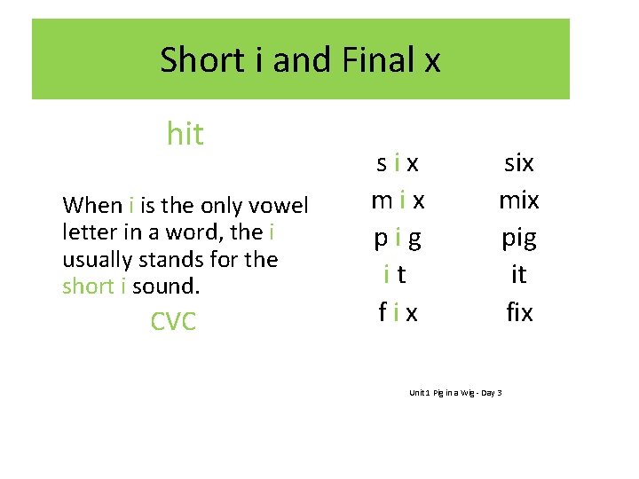 Short i and Final x hit When i is the only vowel letter in