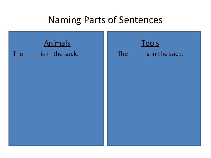 Naming Parts of Sentences Animals The ____ is in the sack. Tools The ____
