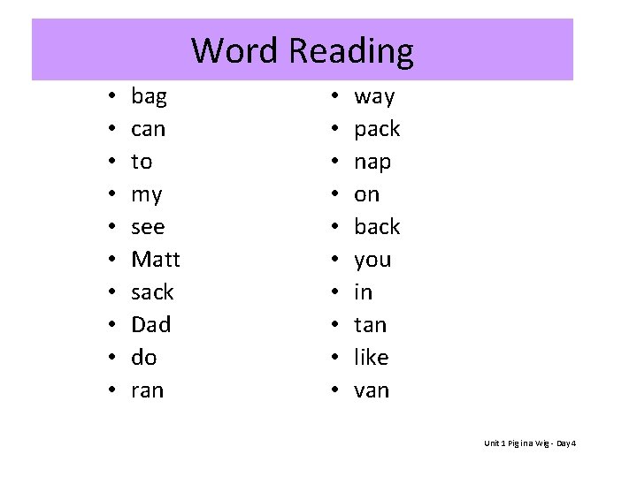 Word Reading • • • bag can to my see Matt sack Dad do