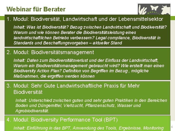 Webinar für Berater 1. Modul: Biodiversität, Landwirtschaft und der Lebensmittelsektor Inhalt: Was ist Biodiversität?
