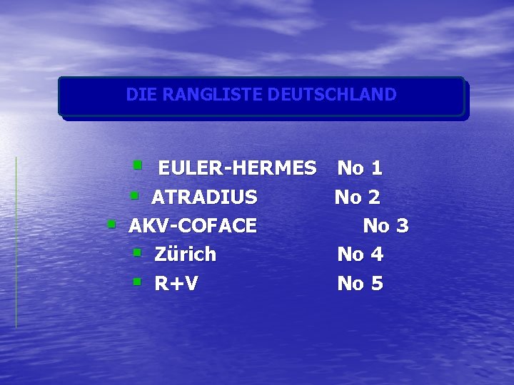 DIE RANGLISTE DEUTSCHLAND § § EULER-HERMES § ATRADIUS AKV-COFACE § Zürich § R+V No