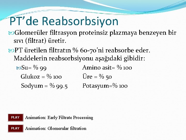 PT’de Reabsorbsiyon Glomerüler filtrasyon proteinsiz plazmaya benzeyen bir sıvı (filtrat) üretir. PT üretilen filtratın