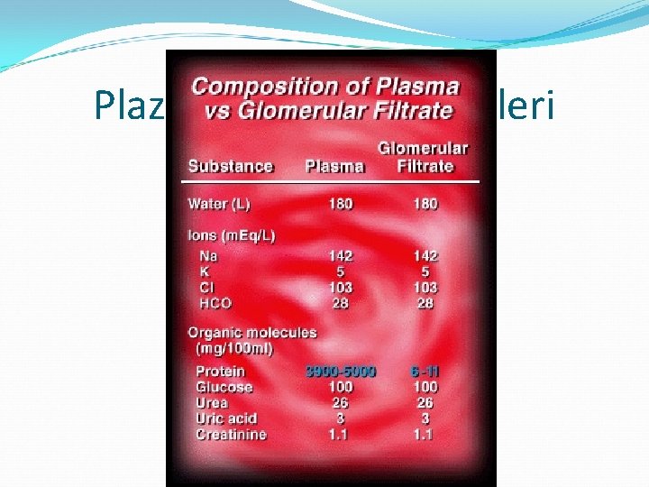 Plazma ve filtrat içerikleri 