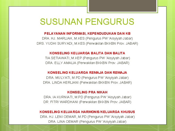 SUSUNAN PENGURUS PELAYANAN INFORMASI, KEPENDUDUKAN DAN KB DRA. HJ. MARLIAH, M. KES (Pengurus PW
