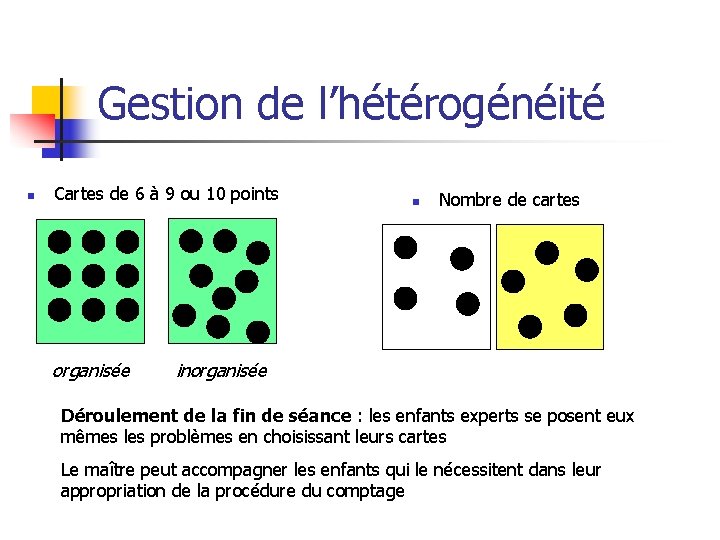 Gestion de l’hétérogénéité n Cartes de 6 à 9 ou 10 points organisée n