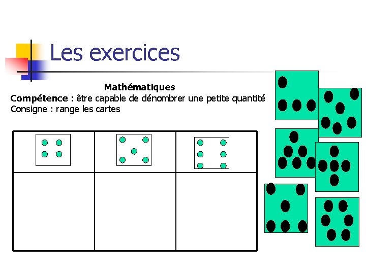 Les exercices Mathématiques Compétence : être capable de dénombrer une petite quantité Consigne :