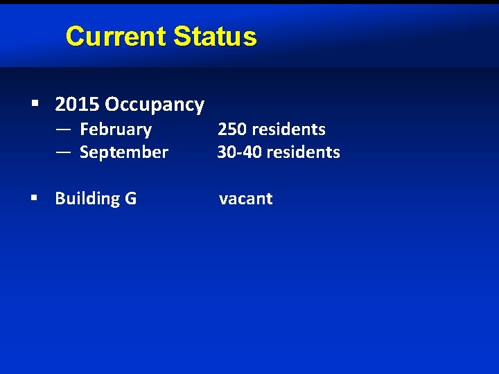 Current Status § 2015 Occupancy — February — September § Building G 250 residents