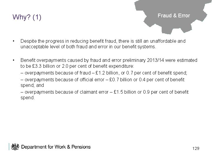 Why? (1) Fraud & Error • Despite the progress in reducing benefit fraud, there