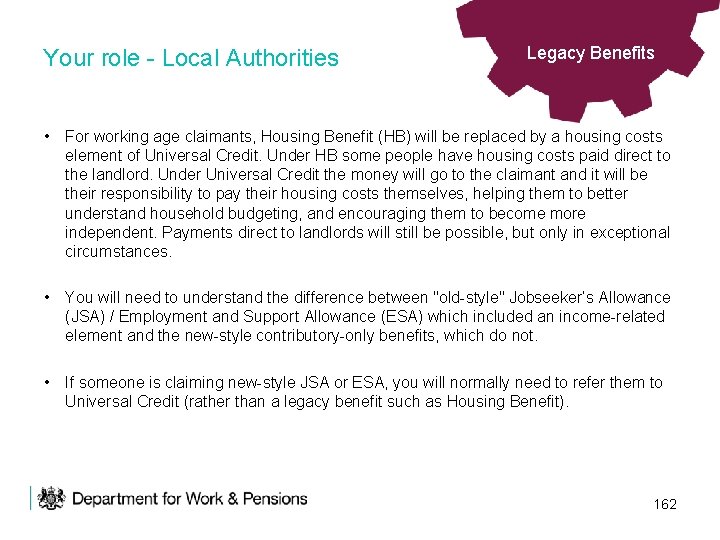 Your role - Local Authorities Legacy Benefits • For working age claimants, Housing Benefit