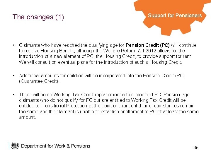 The changes (1) Support for Pensioners • Claimants who have reached the qualifying age