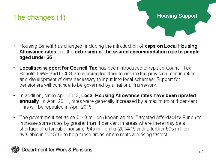 The changes (1) Housing Support • Housing Benefit has changed, including the introduction of