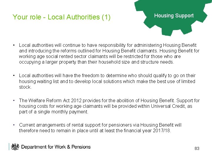 Your role - Local Authorities (1) Housing Support • Local authorities will continue to