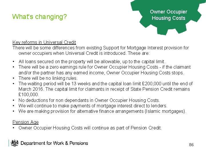 What’s changing? Owner Occupier Housing Support Housing Costs Key reforms in Universal Credit There