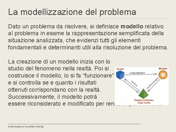 La modellizzazione del problema Dato un problema da risolvere, si definisce modello relativo al
