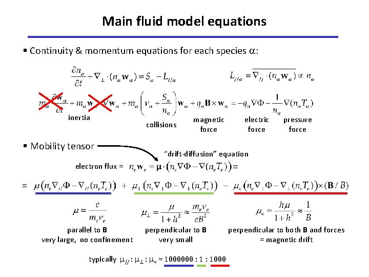 Main fluid model equations § Continuity & momentum equations for each species : inertia