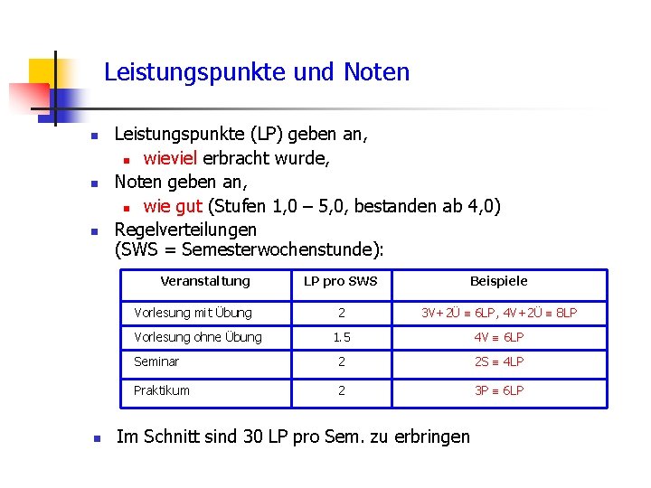 Leistungspunkte und Noten n Leistungspunkte (LP) geben an, n wieviel erbracht wurde, Noten geben