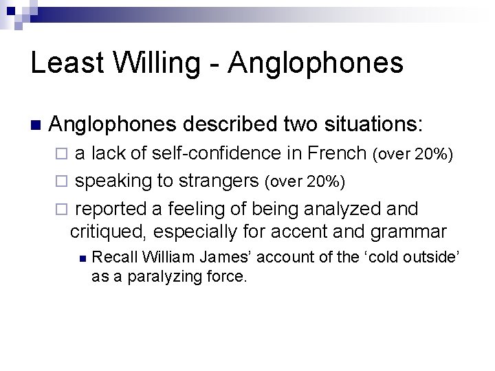 Least Willing - Anglophones n Anglophones described two situations: a lack of self-confidence in