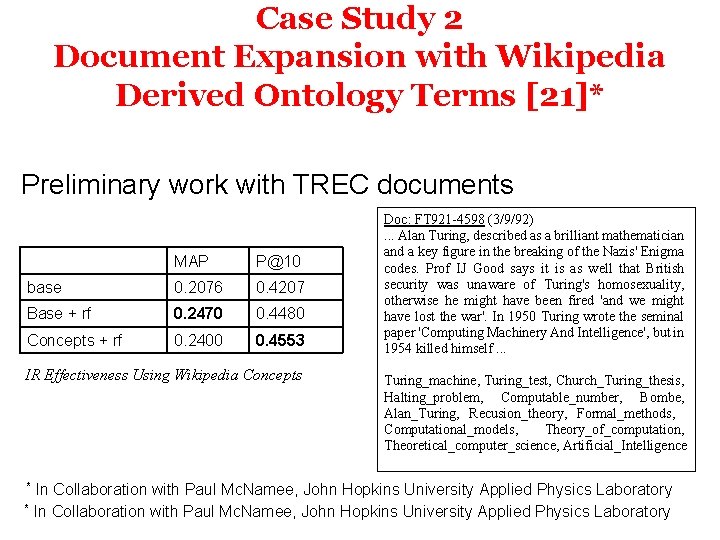 Case Study 2 Document Expansion with Wikipedia Derived Ontology Terms [21]* Preliminary work with
