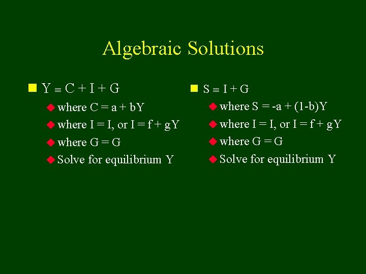 Algebraic Solutions n. Y C+I+G n S I+G u where S = -a +