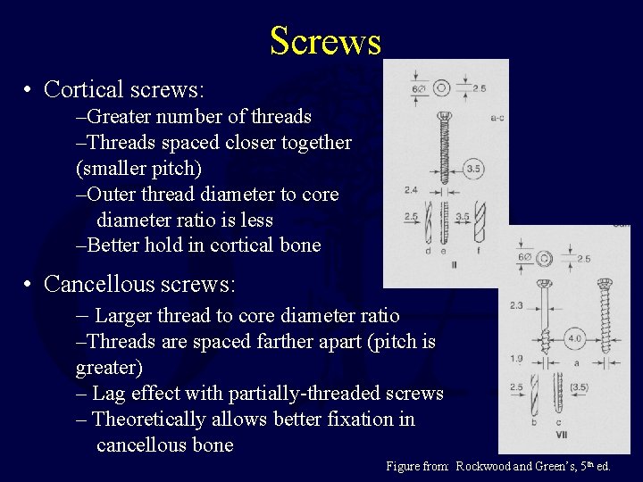 Screws • Cortical screws: –Greater number of threads –Threads spaced closer together (smaller pitch)