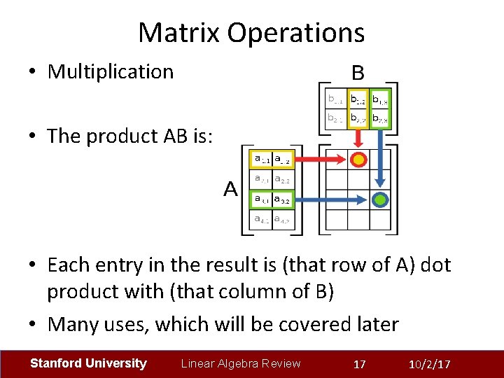 Matrix Operations • Multiplication • The product AB is: • Each entry in the