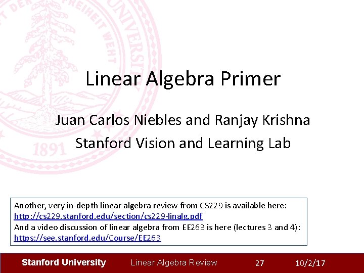 Linear Algebra Primer Juan Carlos Niebles and Ranjay Krishna Stanford Vision and Learning Lab