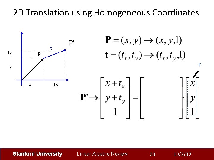 2 D Translation using Homogeneous Coordinates ty P P’ t P y x tx