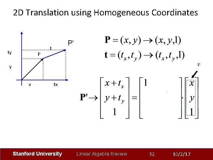 2 D Translation using Homogeneous Coordinates ty P P’ t P y x tx