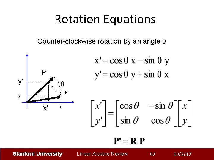 Rotation Equations Counter-clockwise rotation by an angle P’ y’ P y x’ x Stanford