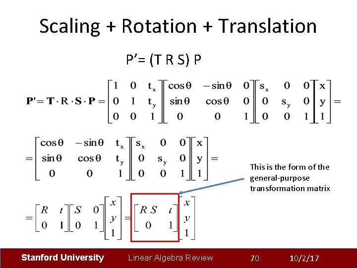 Scaling + Rotation + Translation P’= (T R S) P This is the form