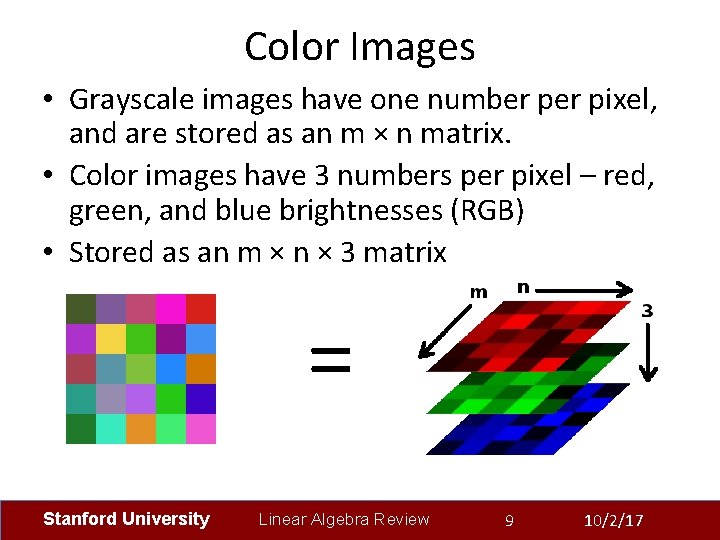 Color Images • Grayscale images have one number pixel, and are stored as an
