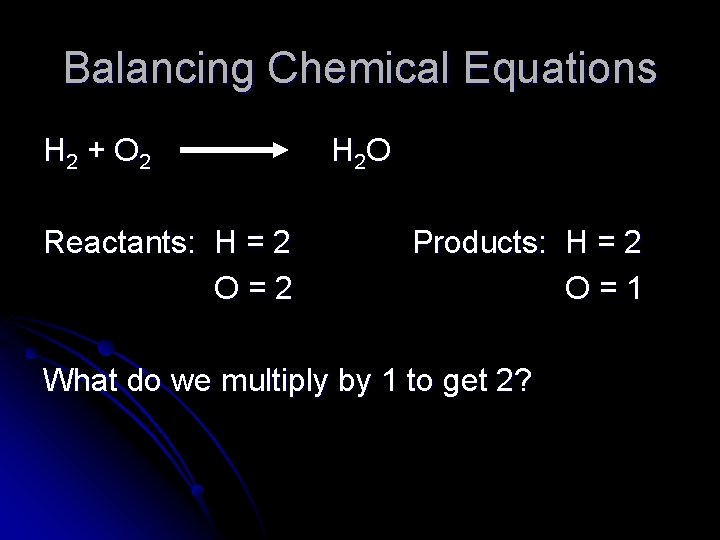 Balancing Chemical Equations H 2 + O 2 Reactants: H = 2 O=2 H