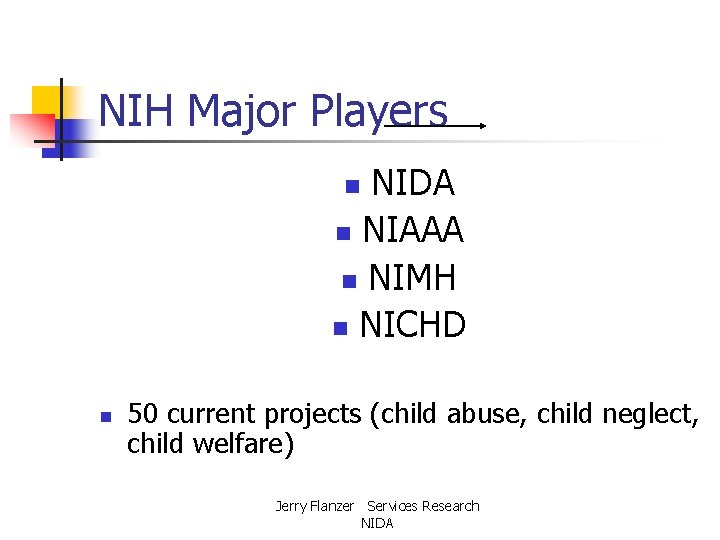 NIH Major Players NIDA n NIAAA n NIMH n NICHD n n 50 current