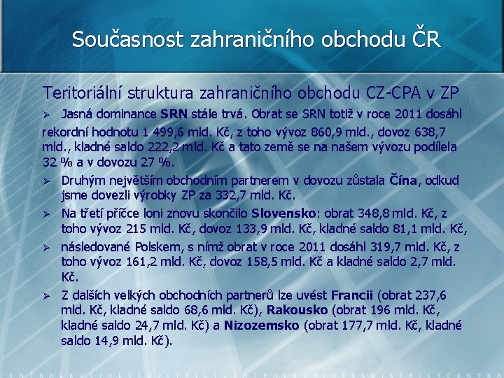 Současnost zahraničního obchodu ČR Teritoriální struktura zahraničního obchodu CZ-CPA v ZP Jasná dominance SRN
