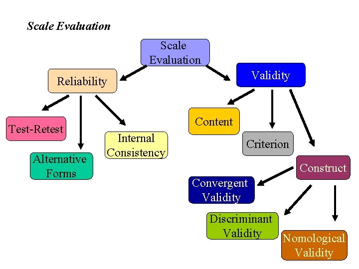 Scale Evaluation Validity Reliability Test-Retest Alternative Forms Content Internal Consistency Criterion Construct Convergent Validity