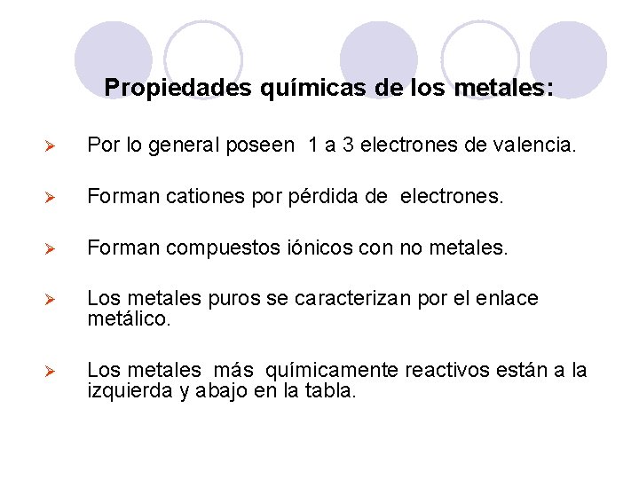 Propiedades químicas de los metales: metales Ø Por lo general poseen 1 a 3