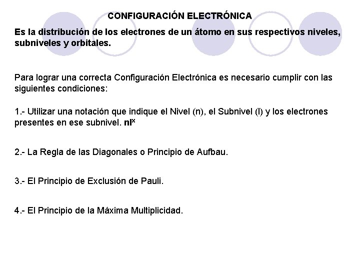 CONFIGURACIÓN ELECTRÓNICA Es la distribución de los electrones de un átomo en sus respectivos