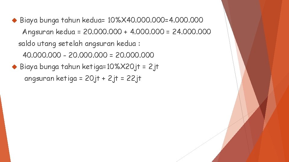  Biaya bunga tahun kedua= 10%X 40. 000=4. 000 Angsuran kedua = 20. 000
