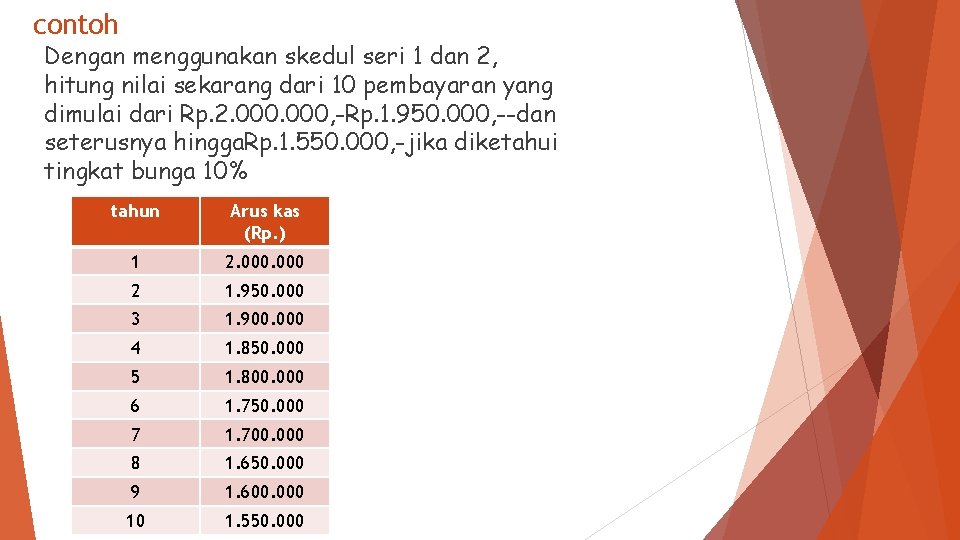 contoh Dengan menggunakan skedul seri 1 dan 2, hitung nilai sekarang dari 10 pembayaran