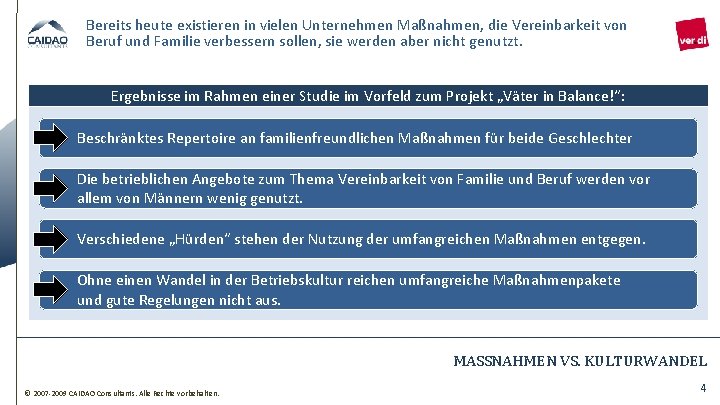 Bereits heute existieren in vielen Unternehmen Maßnahmen, die Vereinbarkeit von Beruf und Familie verbessern