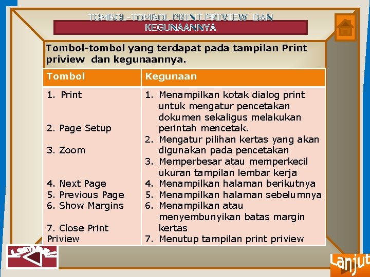 TOMBOL-TOMBOL PRINT PRIVIEW DAN KEGUNAANNYA Tombol-tombol yang terdapat pada tampilan Print priview dan kegunaannya.