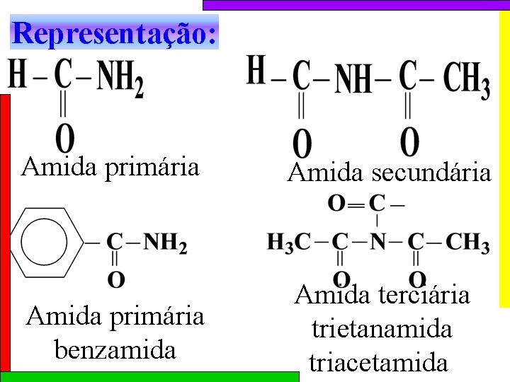 Representação: Amida primária Amida secundária Amida primária benzamida Amida terciária trietanamida triacetamida 