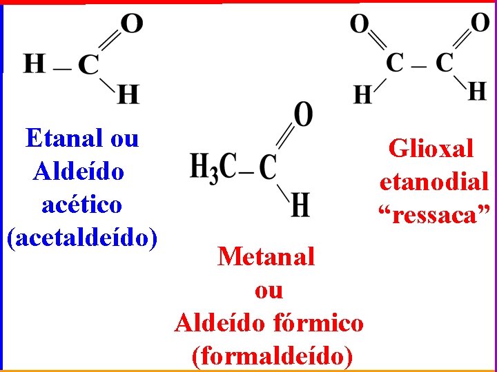 Etanal ou Aldeído acético (acetaldeído) Glioxal etanodial “ressaca” Metanal ou Aldeído fórmico (formaldeído) 
