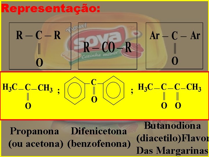 Representação: Butanodiona Propanona Difenicetona (diacetilo)Flavor (ou acetona) (benzofenona) Das Margarinas 