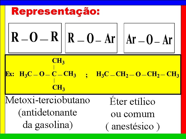 Representação: Metoxi-terciobutano (antidetonante da gasolina) Éter etílico ou comum ( anestésico ) 