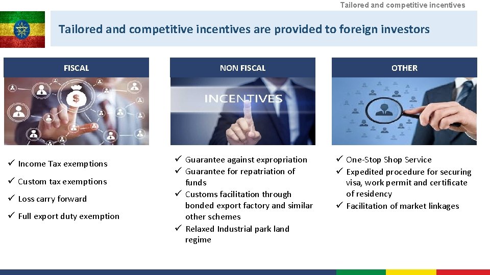 Tailored and competitive incentives are provided to foreign investors FISCAL ü Income Tax exemptions