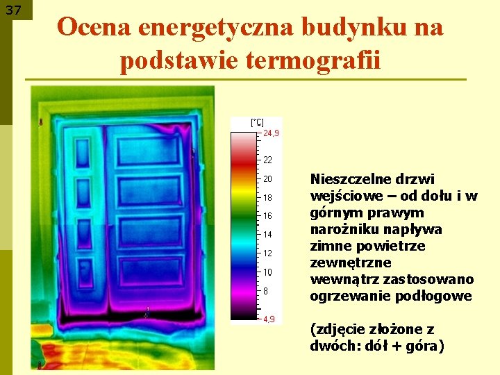 37 Ocena energetyczna budynku na podstawie termografii Nieszczelne drzwi wejściowe – od dołu i