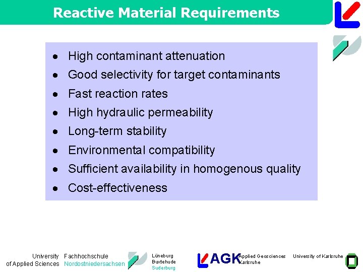 Reactive Material Requirements · High contaminant attenuation · Good selectivity for target contaminants ·