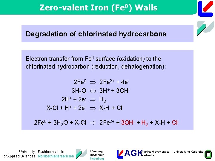 Zero-valent Iron (Fe 0) Walls Degradation of chlorinated hydrocarbons Electron transfer from Fe 0