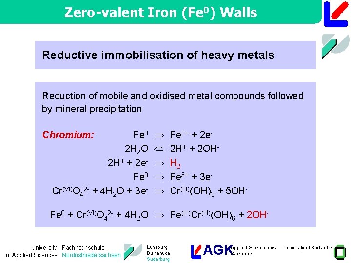 Zero-valent Iron (Fe 0) Walls Reductive immobilisation of heavy metals Reduction of mobile and